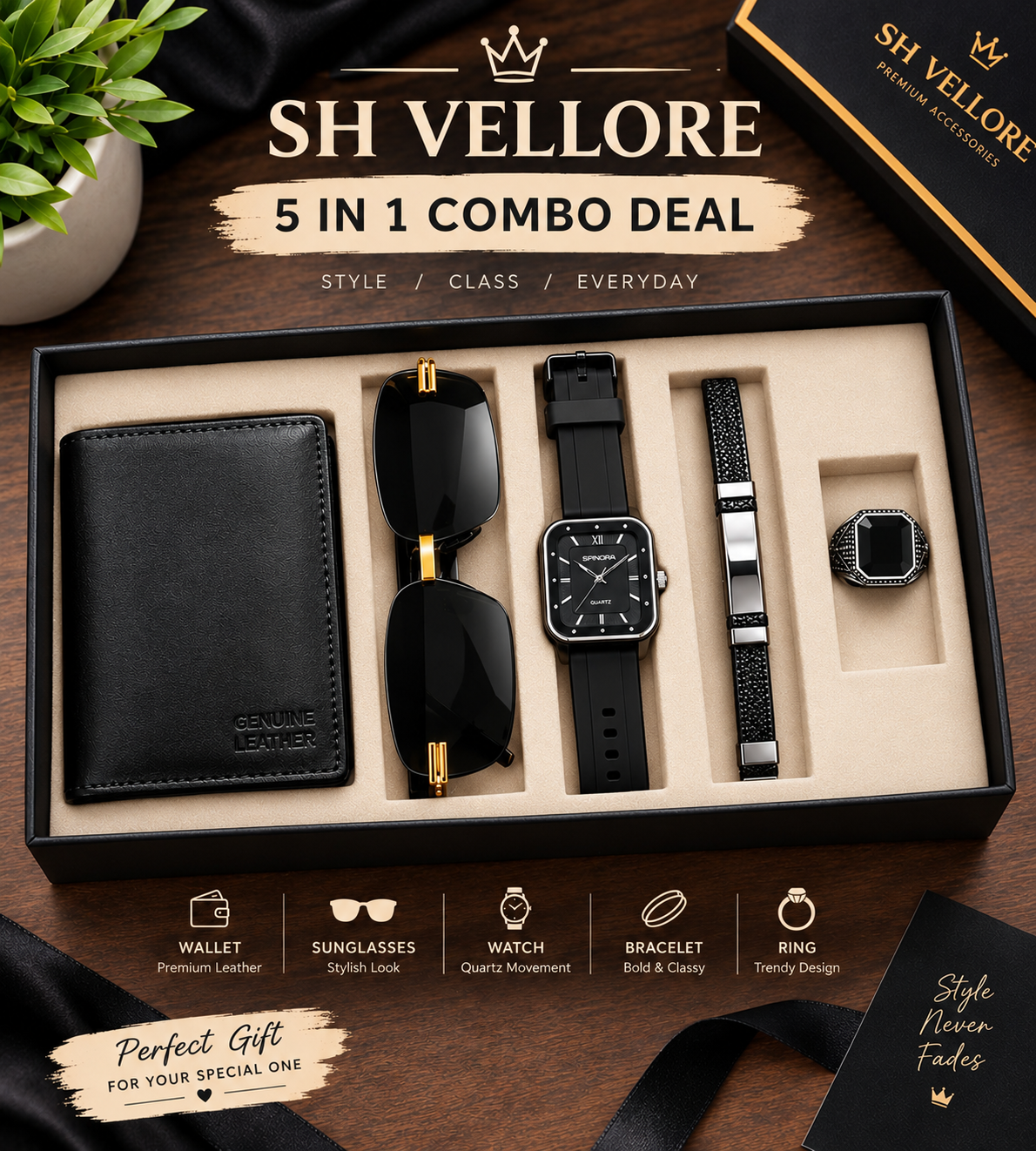 SH Vellore 5 in 1 Combo Deal – Watch, Wallet, Sunglasses, Bracelet, Ring